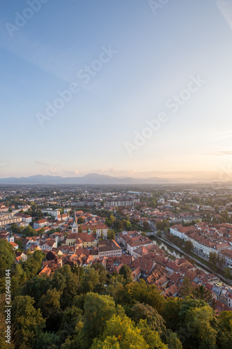 Aerial view of the sunset cityscape in Ljubljana, Slovenia