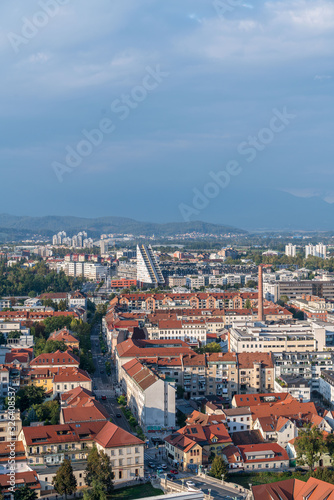 Aerial view of the sunset cityscape in Ljubljana, Slovenia