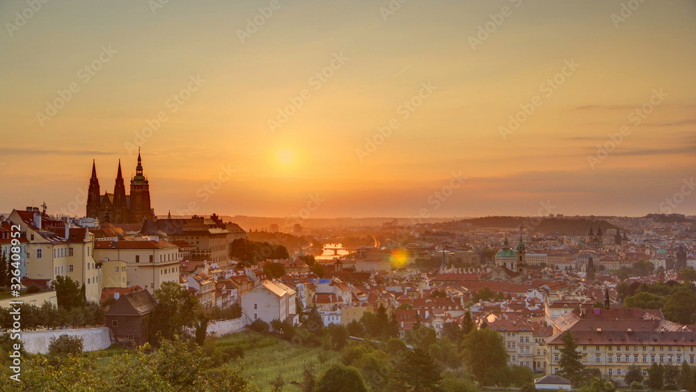 A beautiful view of Prague at sunrise on a misty morning timelapse.