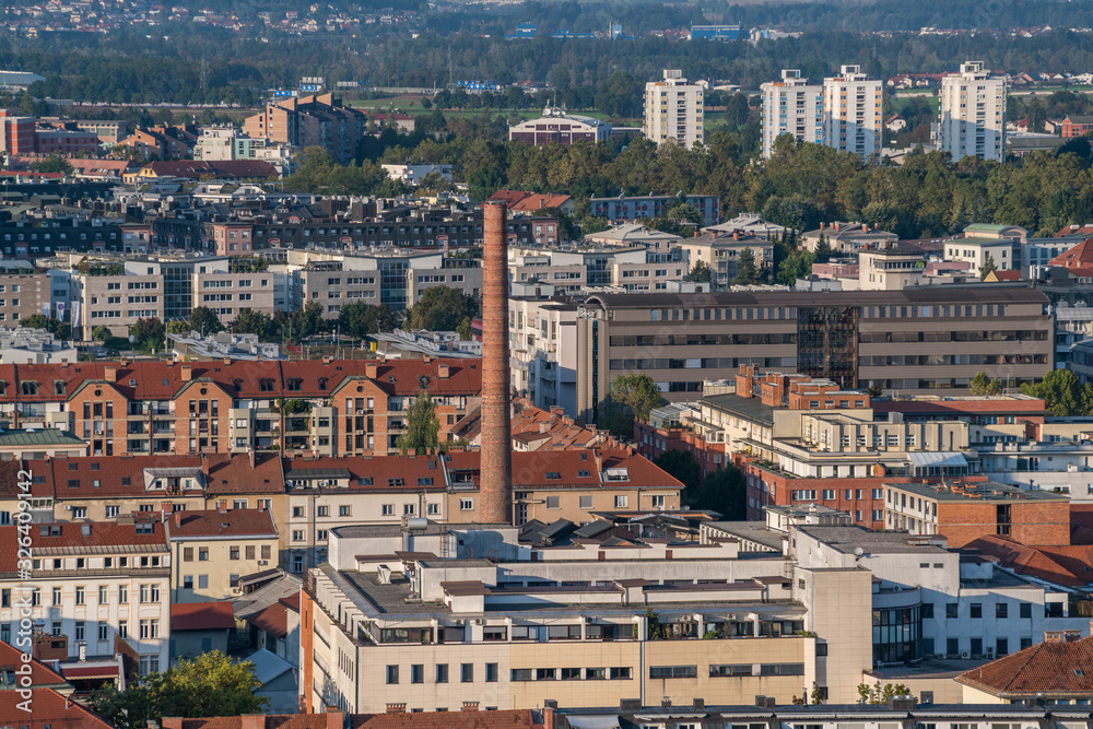 Aerial view of the sunset cityscape in Ljubljana, Slovenia