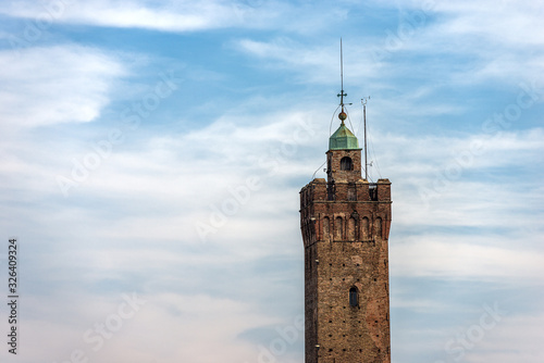 Torre degli Asinelli. One of the two towers (Due Torri 1109-1119, 97.20 meters high) symbol of the city of Bologna, Piazza di Porta Ravegnana, Emilia-Romagna, Italy, Europe photo