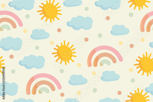 Cute rainbow, clouds, sun and dots in pastel colors, seamless pattern. Modern hand drawn vector in cartoon style. Baby nursery room in scandinavian style. Wrapping paper or kids textile concept