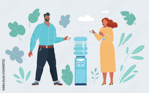 A man and woman standing and talking around a water cooler.