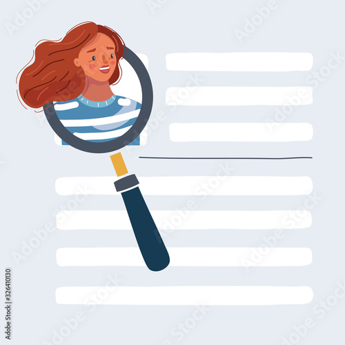Woman with lens. Searching and resume on white