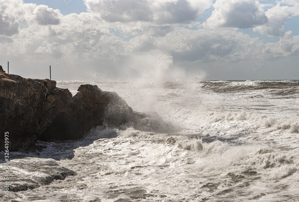 Stormy  weather in the morning on the Mediterranean coast near Rosh HaNikra in Israel