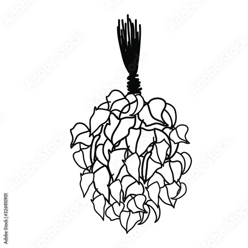 Doodle black birch bath broom to kick on the back. Sauna bathhouse equipment. Healthy procedures, line art. Vector stock illustration.