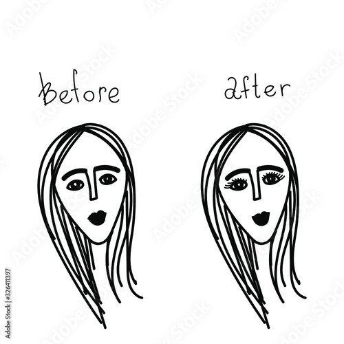Before and after transformation process. Woman beauty procedures, lashes extension. Vector stock illustration in doodle style.