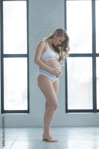Beautiful pregnant girl on the background of a large window