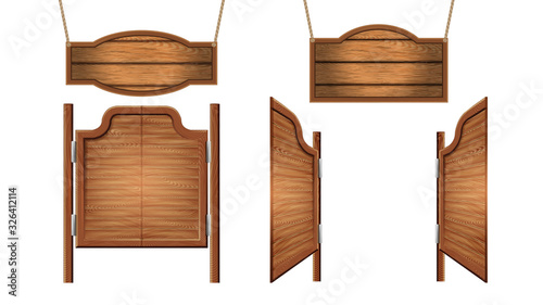 Vintage Saloon Nameplates And Doors Set Vector. Collection Of Hanging On Cords Decorative Plates And Swinging Doors. Building Exterior Details Color Concept Template Realistic 3d Illustrations photo