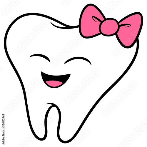 Kawaii Tooth with a Bow - A cartoon illustration of a kawaii style baby tooth with a pink bow.