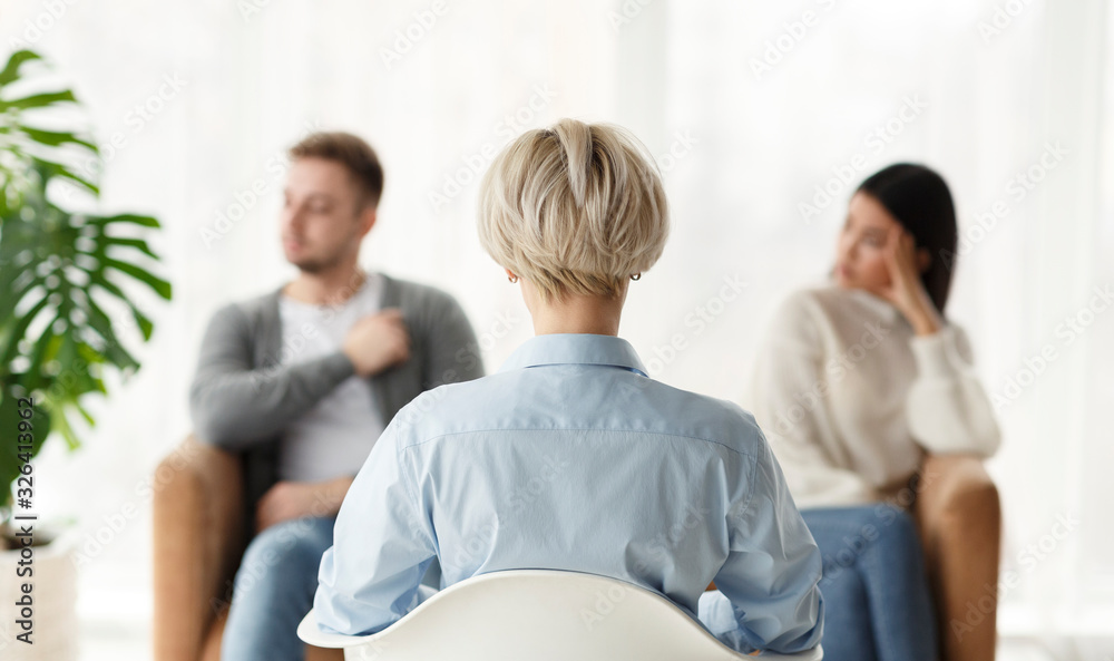 Family Counselor Talking With Couple Sitting In Office, Back View Family Counselor Talking With Couple Sitting In Office, Back View