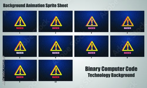 Digital binary data and streaming binary code Animated background sprite sheet. With Hacked glitched alert sign Icon. Hacker, secure data concept, matrix background vector Illustration.