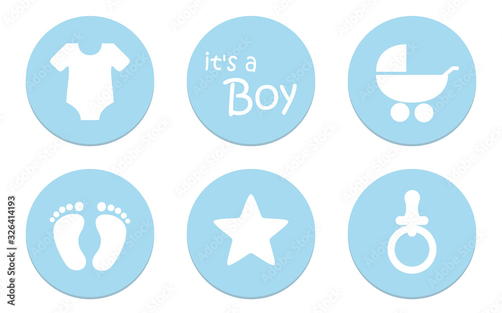 its a boy baby symbol icon bodysuit feet star pacifier and stroller vector illustration EPS10