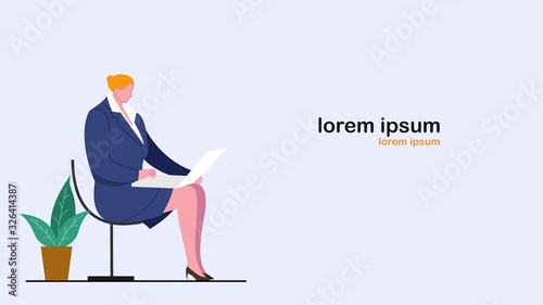 woman sitting while typing on laptop..flat design.vector illustration
