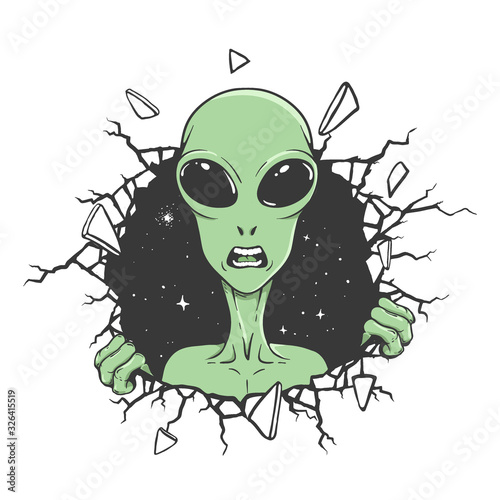 angry alien breaks out through the wall