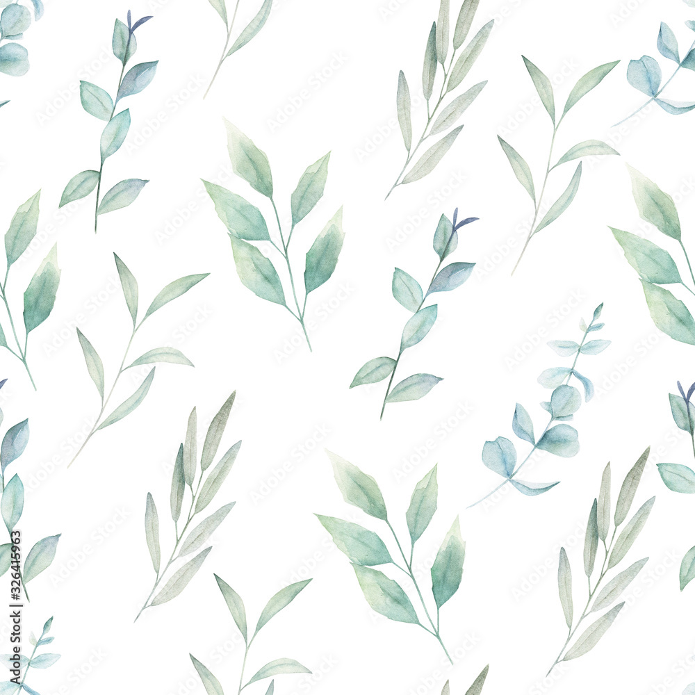 Watercolor seamless pattern with eucalyptus branches . Hand drawn illustration. Vintage print
