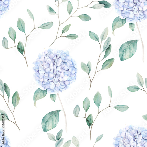 Watercolor seamless pattern. Vintage print with hortensia flowers and eucalyp...