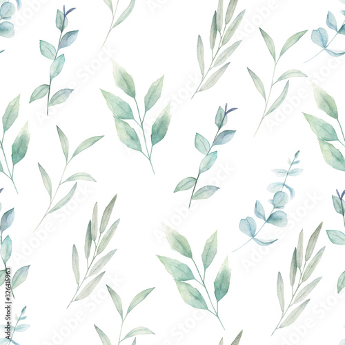 Watercolor seamless pattern with eucalyptus branches . Hand drawn illustration. Vintage print © natikka