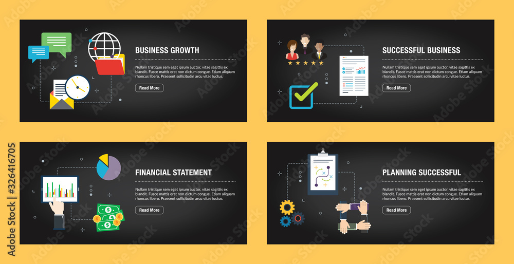 Set of internet banner design templates for web sites, internet marketing, and business. Business growth, successful business, financial statement and planning successful. Flat design vector. Set of internet banner design templates for web sites, internet marketing, and business. Business growth, successful business, financial statement and planning successful. Flat design vector.