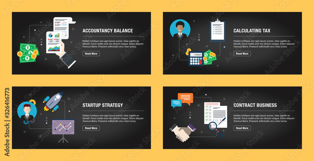 Set of internet banner design templates for web sites, internet marketing, and business. Accountancy balance, calculating tax, startup strategy and contract business. Flat design vector.