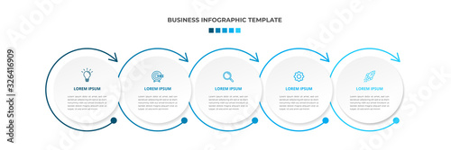 Minimal Modern Minimalist Business Infographics template with circle shape. 5 steps / option timeline with icons. For presentation, process, diagram, workflow, chart. Vector with blue, white color 