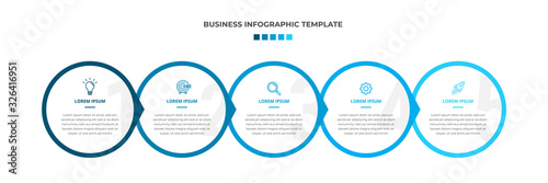 Minimal Modern Minimalist Business Infographics template with circle shape. 5 steps / option timeline with icons. For presentation, process, diagram, workflow, chart. Vector with blue, white color 