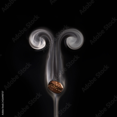 Roasted coffee beans. Seeds of freshly roasted coffee with smoke. Coffee beans closeup with emphasis on the grain with smoke.