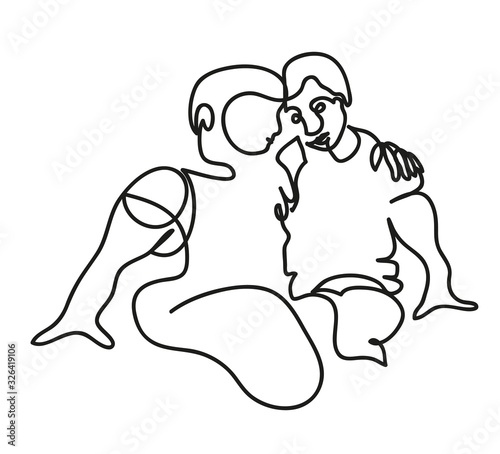 One continuous line drawing of hugging each other. illustration of child friendship.