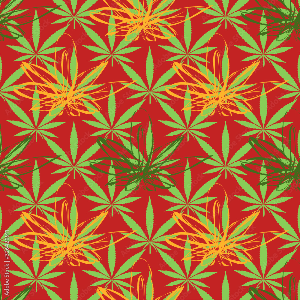seamless cannabis pattern leaves for clothing t-shirt textile pattern on red background vector illustration seamless cannabis pattern leaves for clothing t-shirt textile pattern on red background vector illustration
