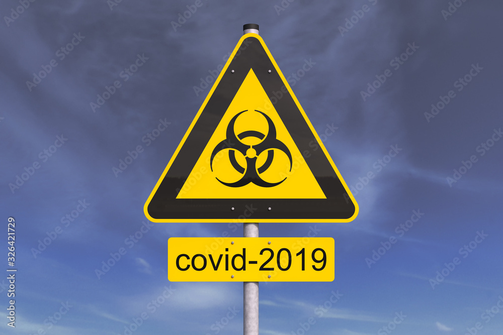 3d Illustation - Warnschild - Biogefährdung - covid-2019 - dunkler Himmel - Wolken 3d Illustation - Warnschild - Biogefährdung - covid-2019 - dunkler Himmel - Wolken