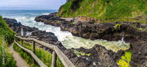 Devil's churn and hiking trail, Cape Perpertua Scenic Overlook, Yachats, natural landmark of the Oregon Coast, USA.
