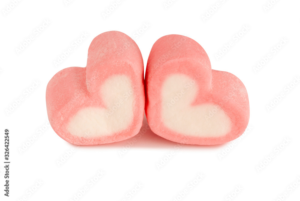 Pink sweet heart marshmallow isolated on white background with clipping path.