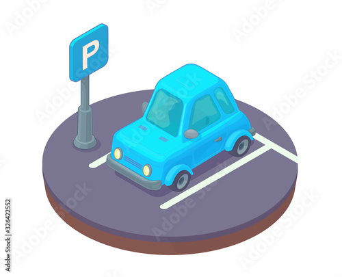 Parking lot area with car and road sign.