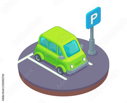 Parking lot area with car and road sign.