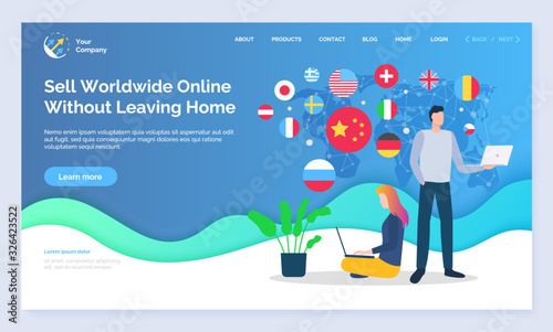 Emarketing and trades around world. Worldwide orders, selling products to any country. Dropshipping and ecommerce of freelancers. Partners working from home on business project, website page vector