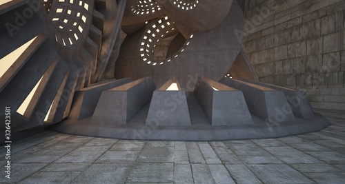Abstract architectural concrete interior with discs. Neon lighting. 3D illustration and rendering.