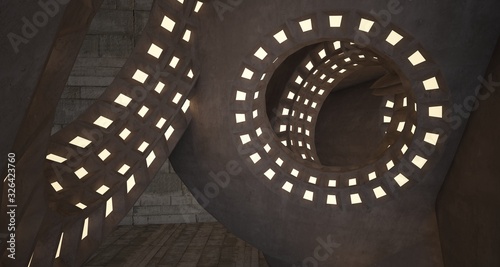 Abstract architectural concrete interior with discs. Neon lighting. 3D illustration and rendering.