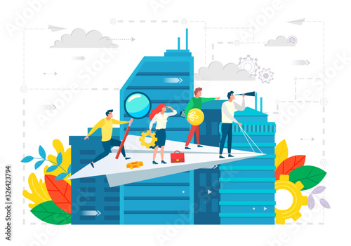 People working together vector, cityscape with team on paper plane. Leader and workers with tools, cogwheel and magnifying glass, briefcase and bulb