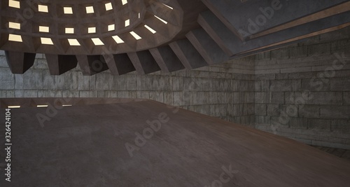 Abstract architectural concrete interior with discs. Neon lighting. 3D illustration and rendering.