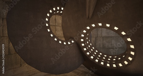 Abstract architectural concrete interior with discs. Neon lighting. 3D illustration and rendering.