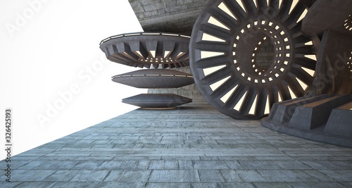 Abstract architectural concrete interior with discs. Neon lighting. 3D illustration and rendering.