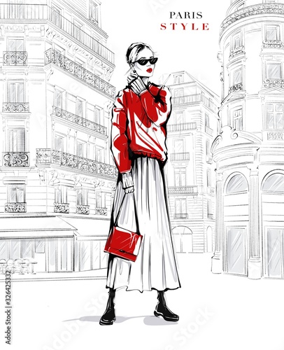 Dekoracja na wymiar  hand-drawn-beautiful-young-woman-in-sunglasses-fashion-woman-in-red-sweater-girl-in-fashion-clothes-with-paris-street-background-sketch-fashion-illustration