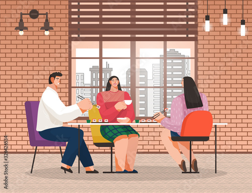 People eating sushi in japanese restaurant. Friends on meeting or break in cozy place. People talking with each other. Cafe interior with big window with urban landscape. Vector illustration in flat