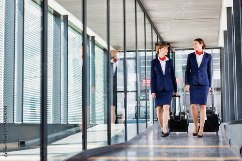 Portrait of attractive flight attendants walking with their suitcase in airport © moodboard