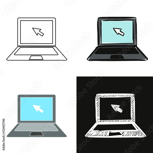 Laptop icon set isolated on white background. Hand-drawn contour icon in doodle style, flat and chalk on a black board. Vector object for the topics of training, computer science, IT, Internet