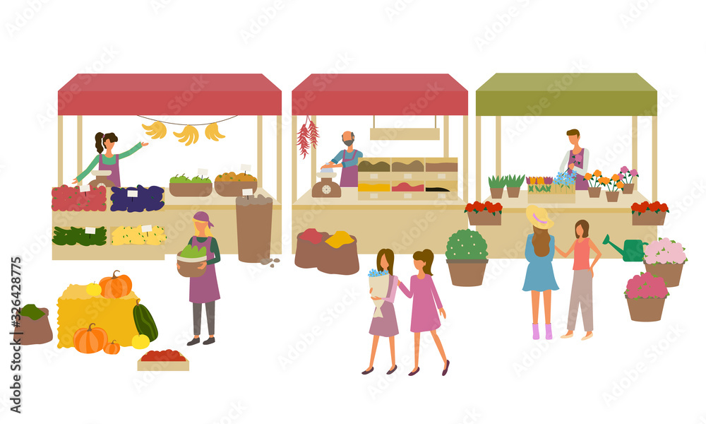 Marketplace with vegetables and fruit, spice and flowers. Products retail, apple and tomato, kitchen herbs and bouquet, shopping or marketing vector Marketplace with vegetables and fruit, spice and flowers. Products retail, apple and tomato, kitchen herbs and bouquet, shopping or marketing vector