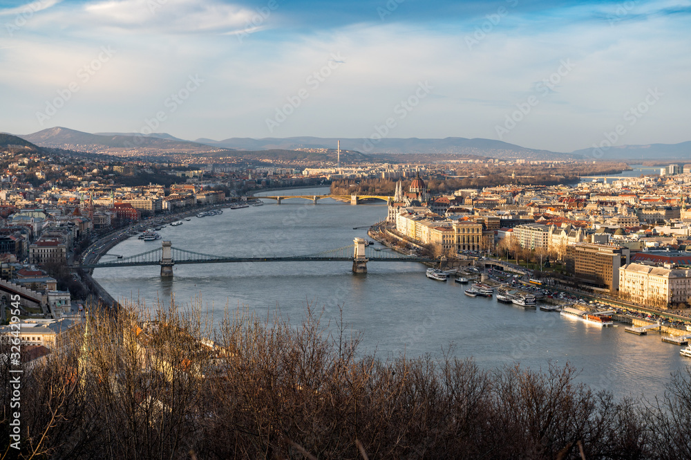 view from Gellert Hill over Budapest and the Danube in beautiful evening light