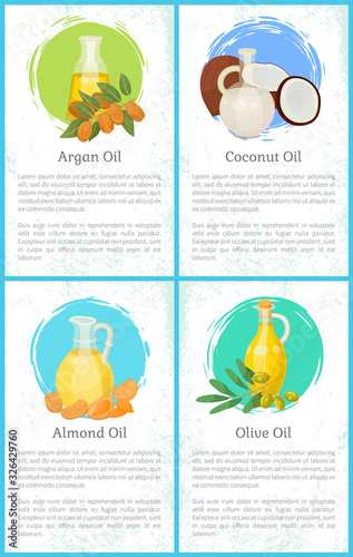 Set of pictures of organic liquids and information about it. Glass bottles with olive and almond, coconut and argan oils. Plants like nuts and drupes near bottles. Vector illustration in flat style