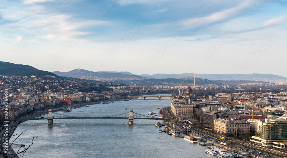 view over Budapest and the Danube in beautiful evening light