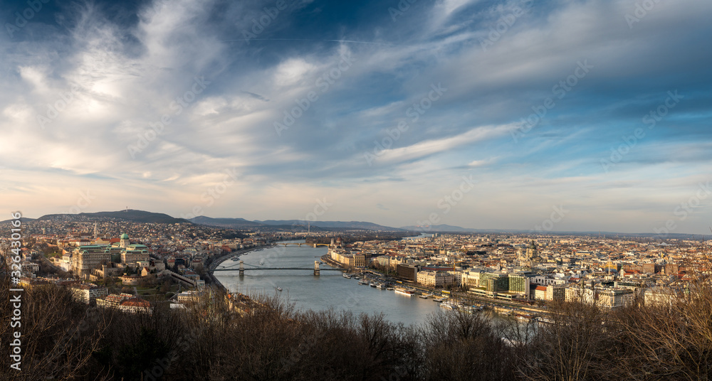 panoramic view from Gellert Hill over Budapest and the Danube in beautiful evening light